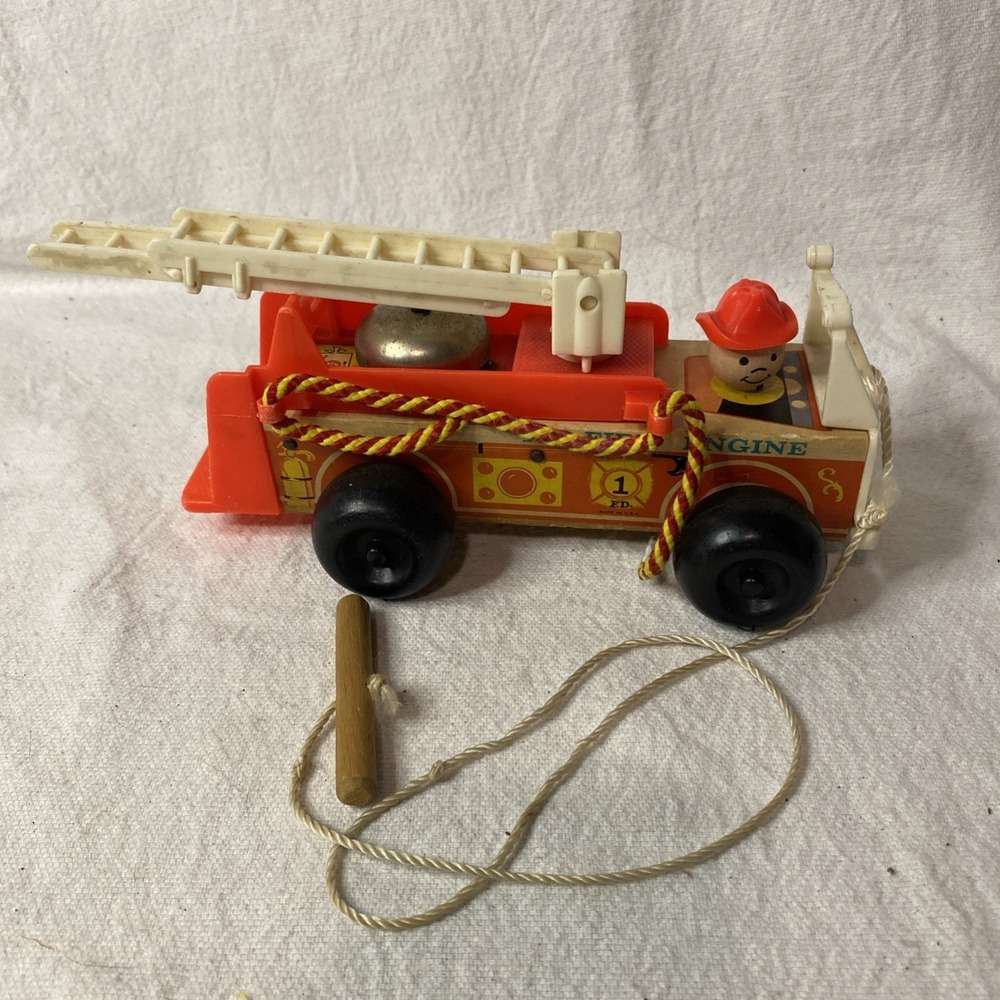 Vintage Fisher Price Fire Truck Engine Little People 1968 Wooden and Plastic